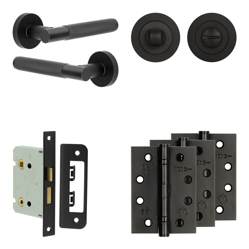 Complete Bari Door Handle Pack - Bathroom - Black - 76mm / 4" / Designer Round Turn & Release