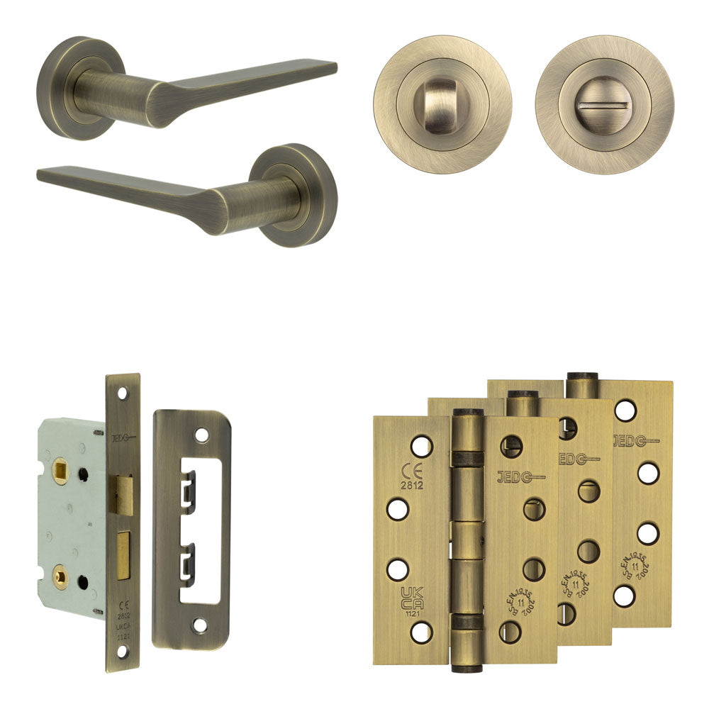 Complete Gio Door Handle Pack - Bathroom - Antique Brass - 65mm / 4" / Designer Round Turn & Release
