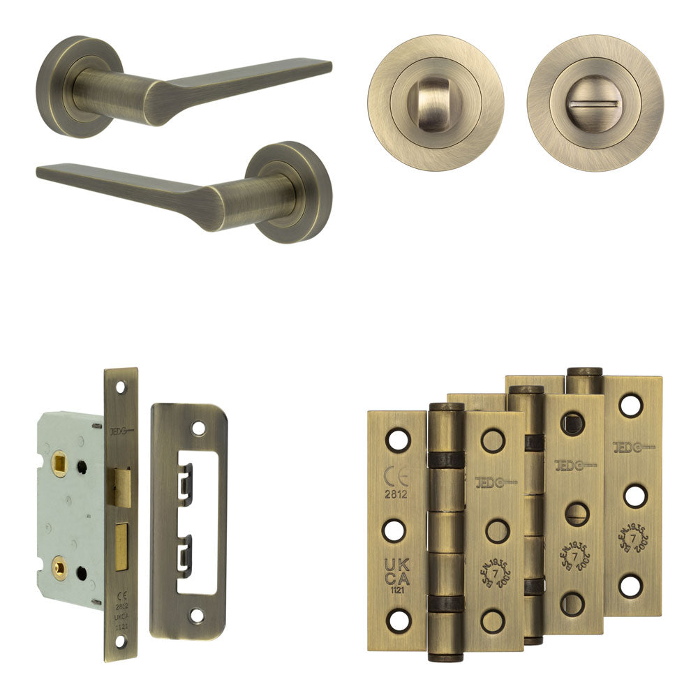 Complete Gio Door Handle Pack - Bathroom - Antique Brass - 65mm / 3" / Designer Round Turn & Release
