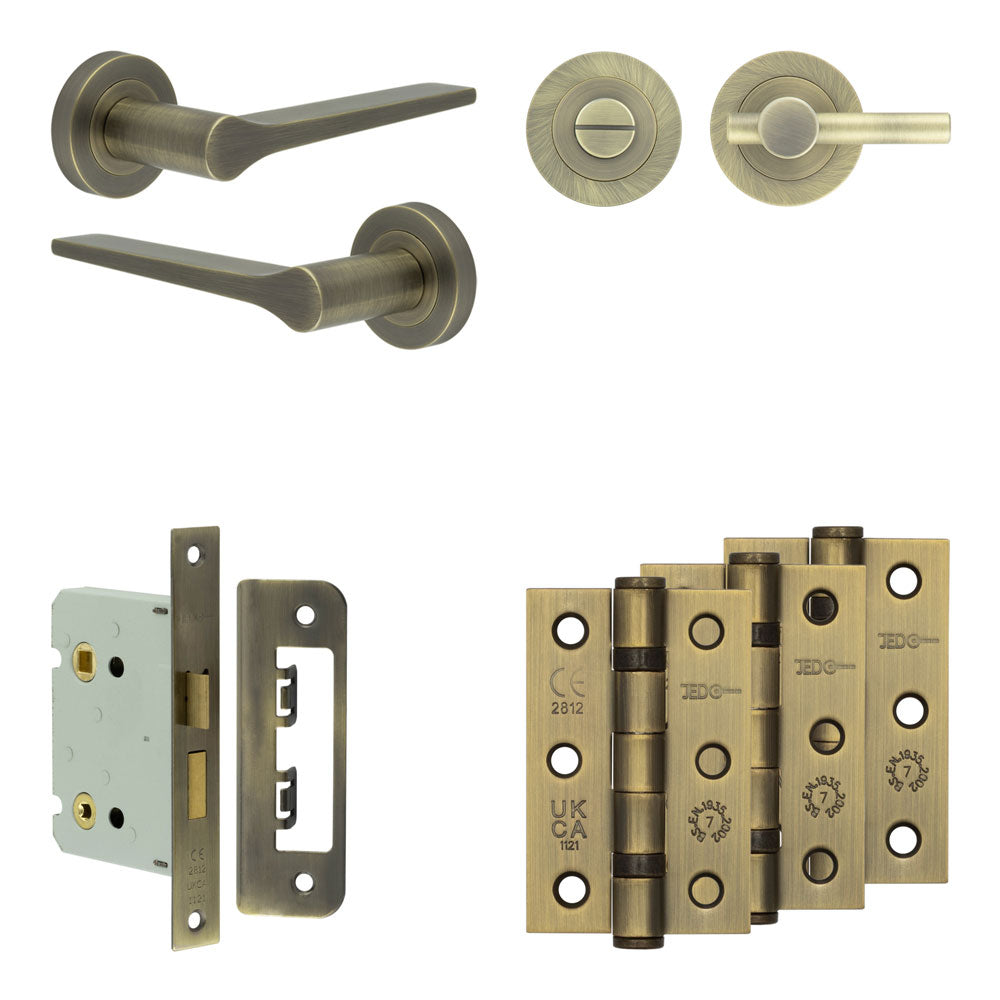Complete Gio Door Handle Pack - Bathroom - Antique Brass - 76mm / 3" / Easy Thumb Turn & Lock