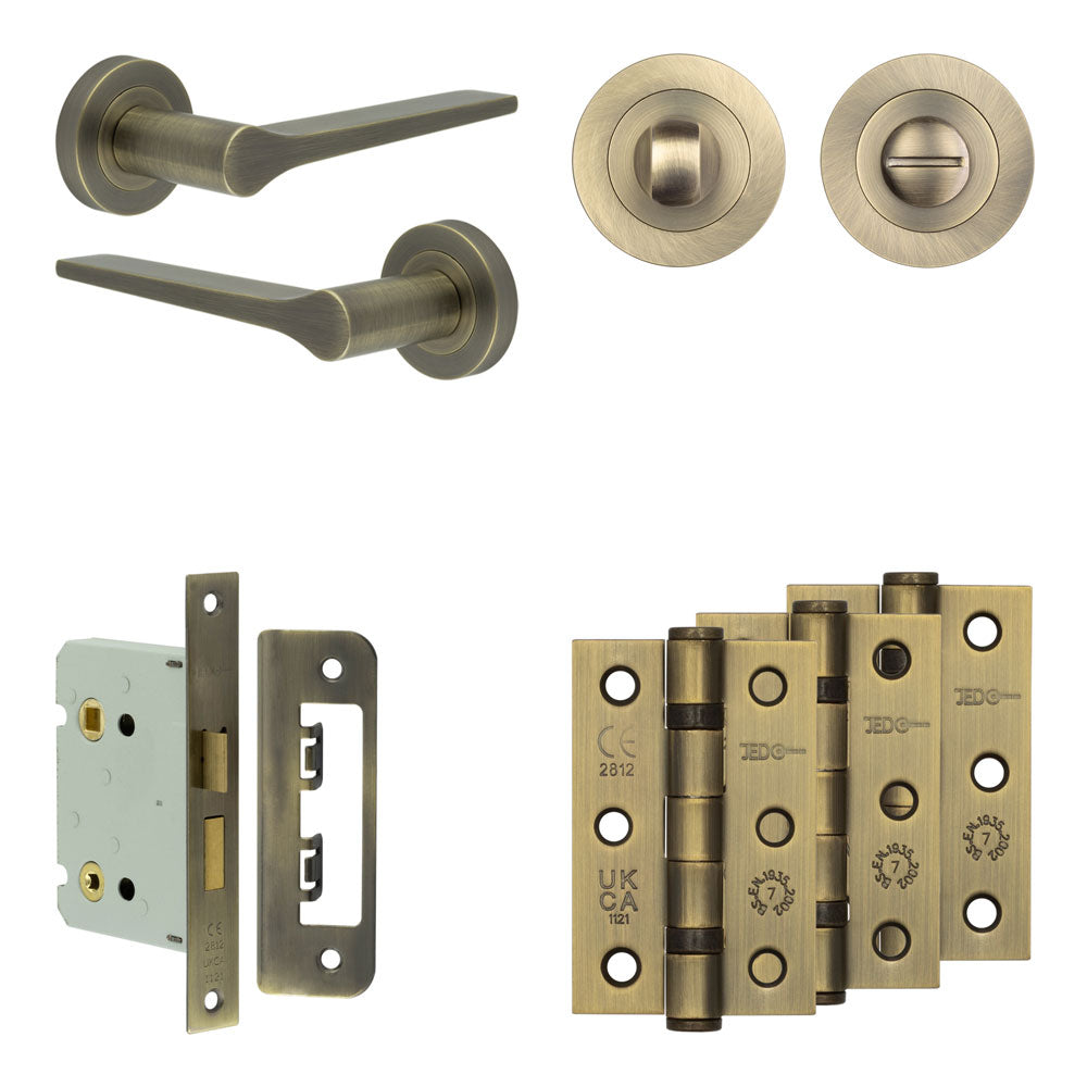 Complete Gio Door Handle Pack - Bathroom - Antique Brass - 76mm / 3" / Designer Round Turn & Release