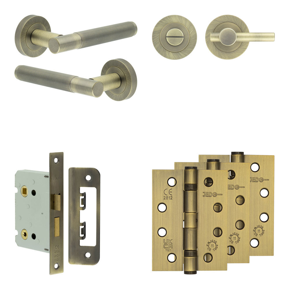 Complete Venice Door Handle Pack - Bathroom - Antique Brass - 76mm / 4" / Easy Thumb Turn & Lock