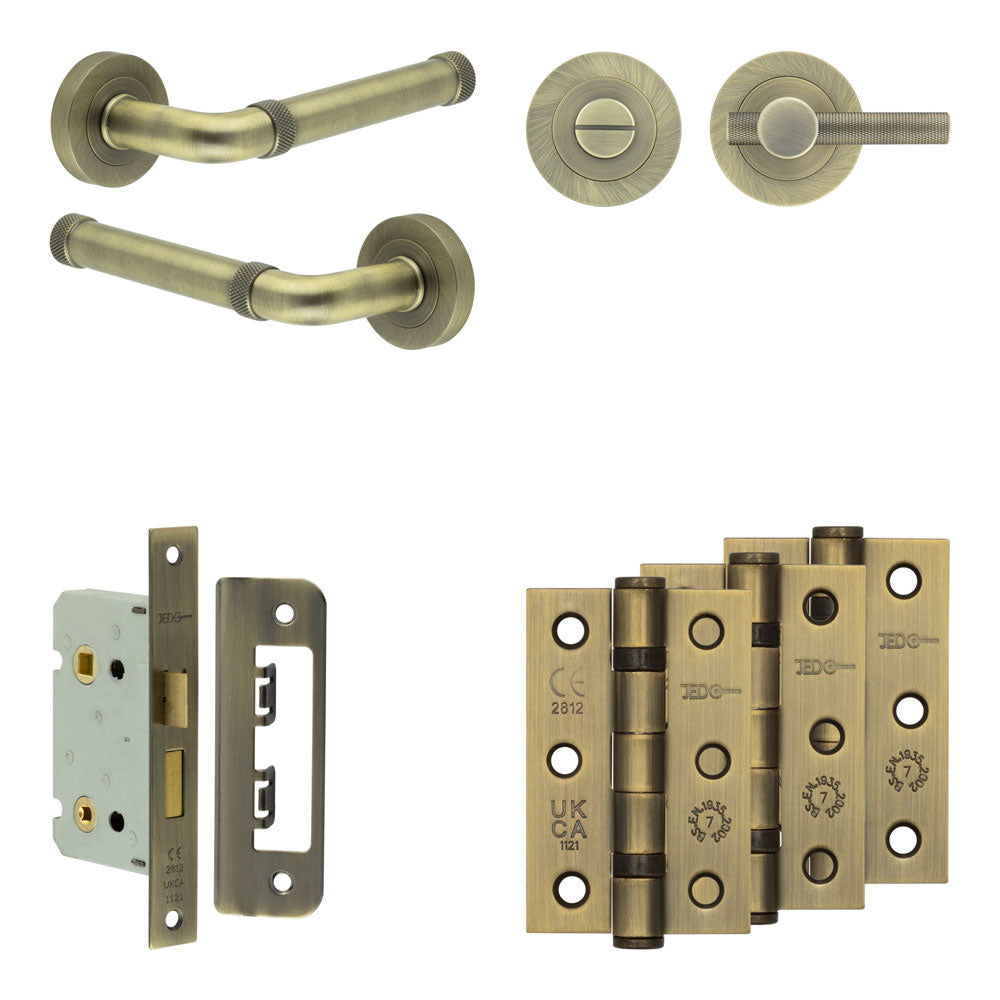 Complete Midtown Door Handle Pack - Bathroom - Antique Brass - 65mm / 3" / Bari Knurled Turn & Release