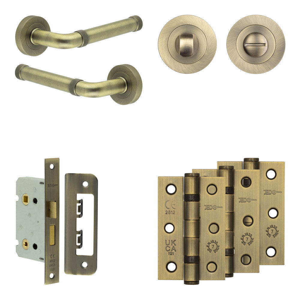 Complete Midtown Door Handle Pack - Bathroom - Antique Brass - 65mm / 3" / Designer Round Turn & Release