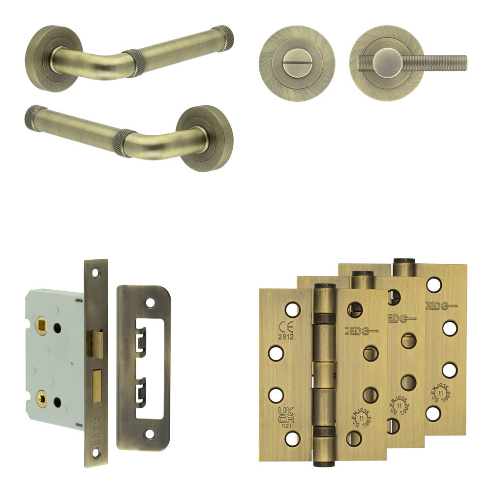 Complete Midtown Door Handle Pack - Bathroom - Antique Brass - 76mm / 4" / Bari Knurled Turn & Release