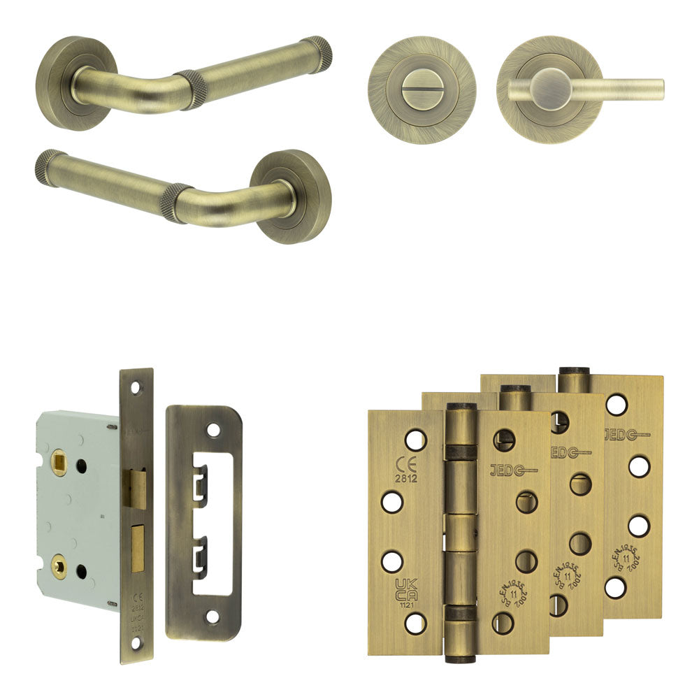 Complete Midtown Door Handle Pack - Bathroom - Antique Brass - 76mm / 4" / Easy Thumb Turn & Lock