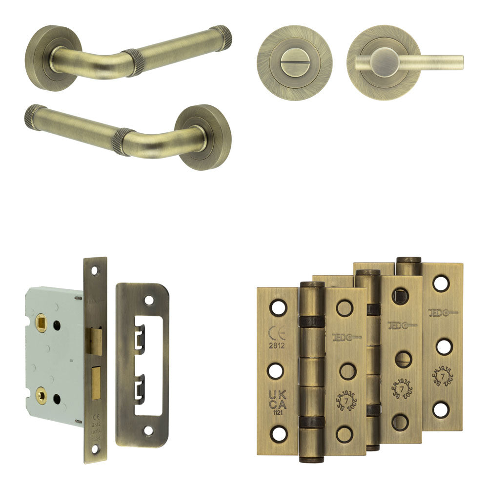 Complete Midtown Door Handle Pack - Bathroom - Antique Brass - 76mm / 3" / Easy Thumb Turn & Lock